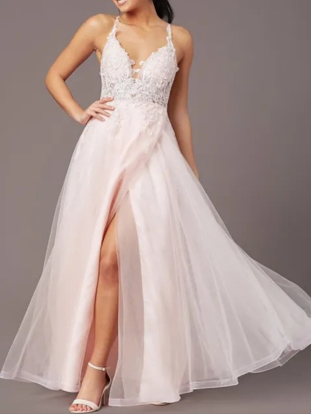 Blondie Nites Blush Pink Lace Halter  Dress With Split